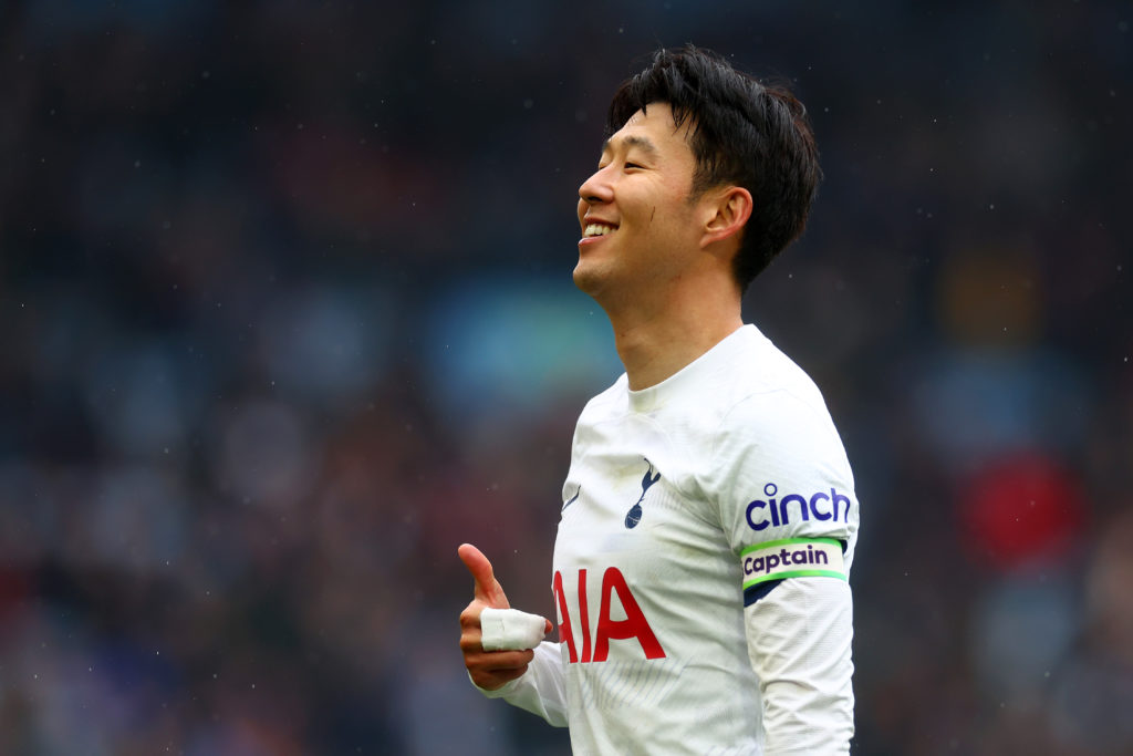 Heung-Min Son of Tottenham Hotspur celebrates scoring his side's third goal during the Premier League match between Aston Villa and Tottenham Hotsp...