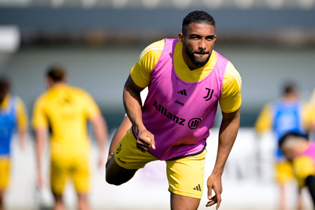 Gleison Bremer of Juventus during a training session at JTC on March 14, 2024 in Turin, Italy.