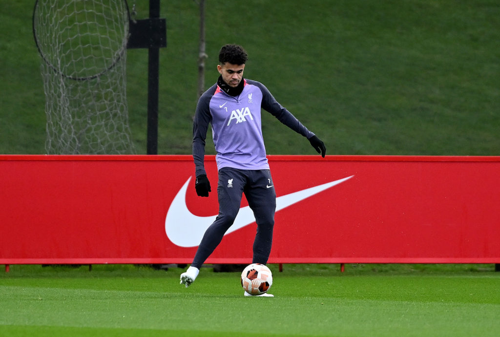 (THE SUN OUT, THE SUN ON SUNDAY OUT) Luis Diaz of Liverpool during a training session at AXA Training Centre during the UEFA Europa League 2023/24 ...