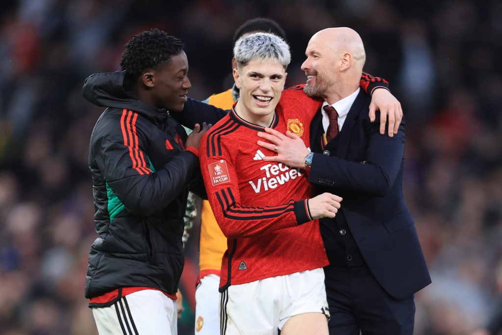 Erik ten Hag celebrates with Alejandro Garnacho and Kobbie Mainoo after a Manchester United game