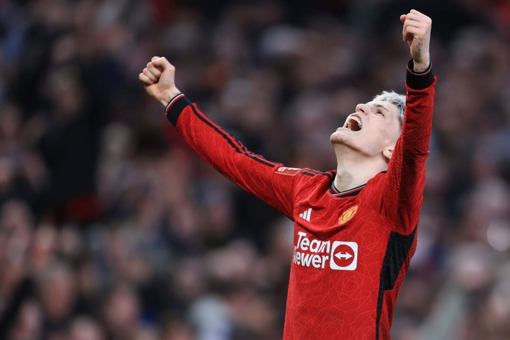 Alejandro Garnacho of Manchester United celebrates victory after the Emirates FA Cup Quarter Final match between Manchester United and Liverpool at...