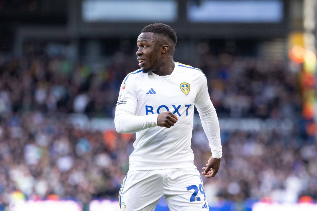 Wilfried Gnonto of Leeds United is playing during the Sky Bet Championship match between Leeds United and Millwall at Elland Road in Leeds, on Marc...