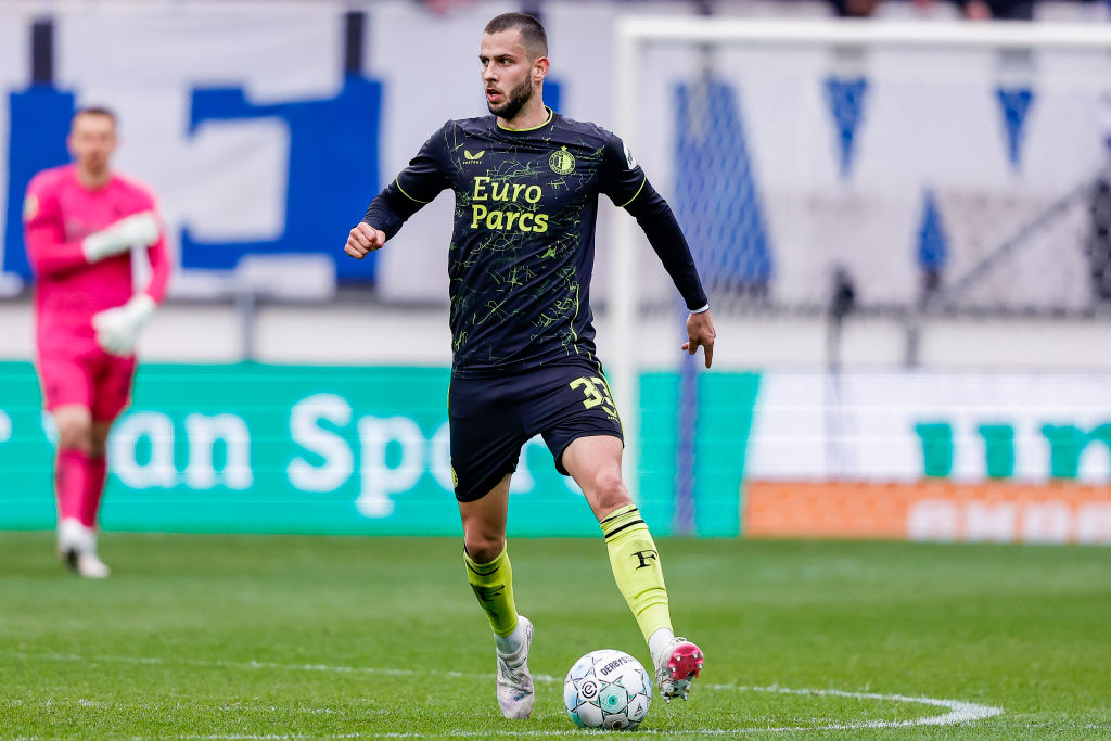 David Hancko of Feyenoord Rotterdam controls the ball during the Dutch Eredivisie match between sc Heerenveen and Feyenoord at Abe Lenstra Stadion ...