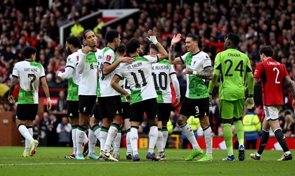 (THE SUN OUT, THE SUN ON SUNDAY OUT) Mohamed Salah (11) of Liverpool celebrates scoring Liverpool's second goal with his team mates during the Emir...