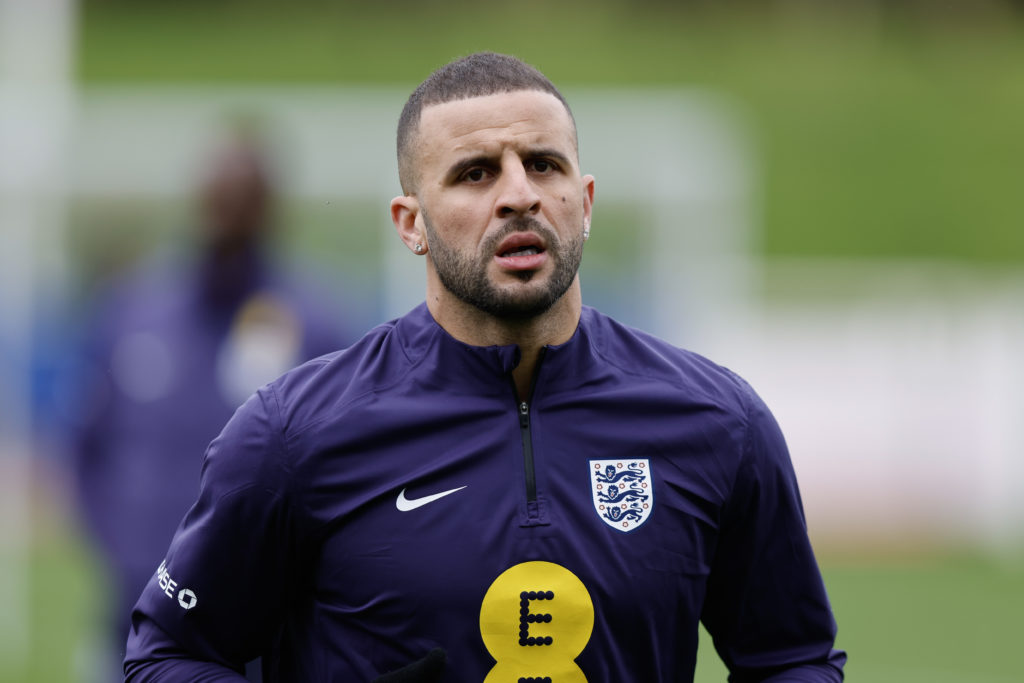 Kyle Walker of England trains during England training session at St Georges Park on March 20, 2024 in Burton-upon-Trent, England.