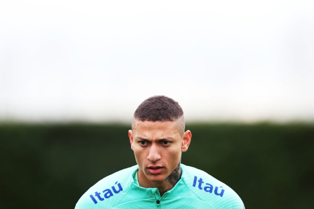 Richarlison of Brazil in action during a Brazil training session at Sobha Realty Training Centre on March 19, 2024 in London Colney, England.