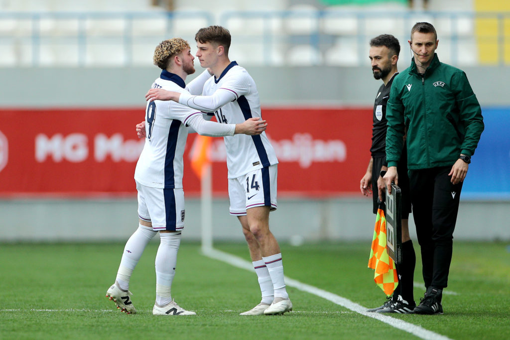 Harvey Elliott and Alex Scott of England embrace as they are substituted during the U21 Friendly International between Azerbaijan and England at Az...