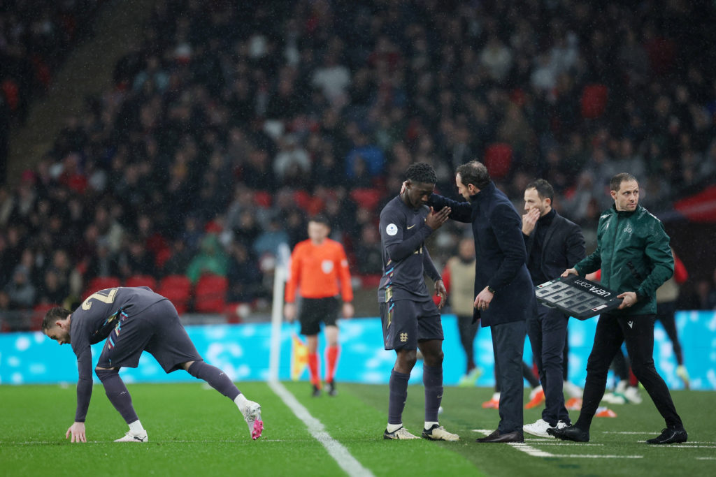 Gareth Soutgate and Kobbie Mainoo during England v Belgium in an International Friendly.