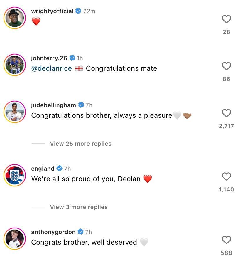 Jude Bellingham and John Terry congratulate Arsenal's Declan Rice after captaining England last night.