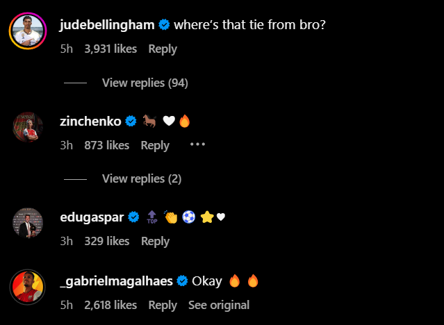 Replies from Jude Bellingham and others under Arsenal star Declan Rice's Instagram post