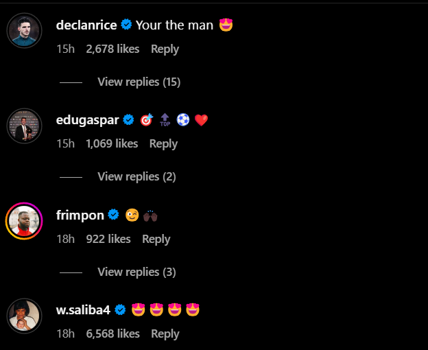 Screengrab of replies under Ben White's Instagram post after he signed new Arsenal contract