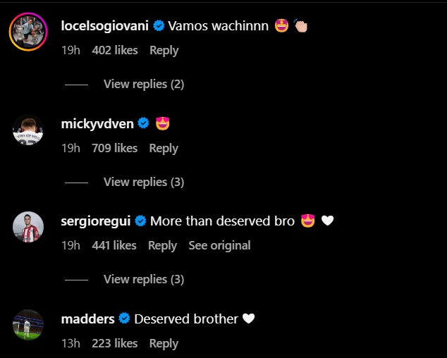 James Maddison and other Tottenham players reply under Pedro Porro's Instagram post