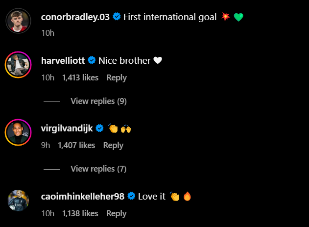 Liverpool's Virgil van Dijk and others reply to Conor Bradley's Instagram post
