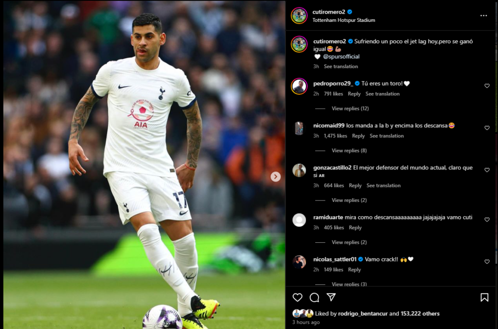 Pedro Porro on Cristian Romero (CR@cutiromero2, META, Instagram, 2024)