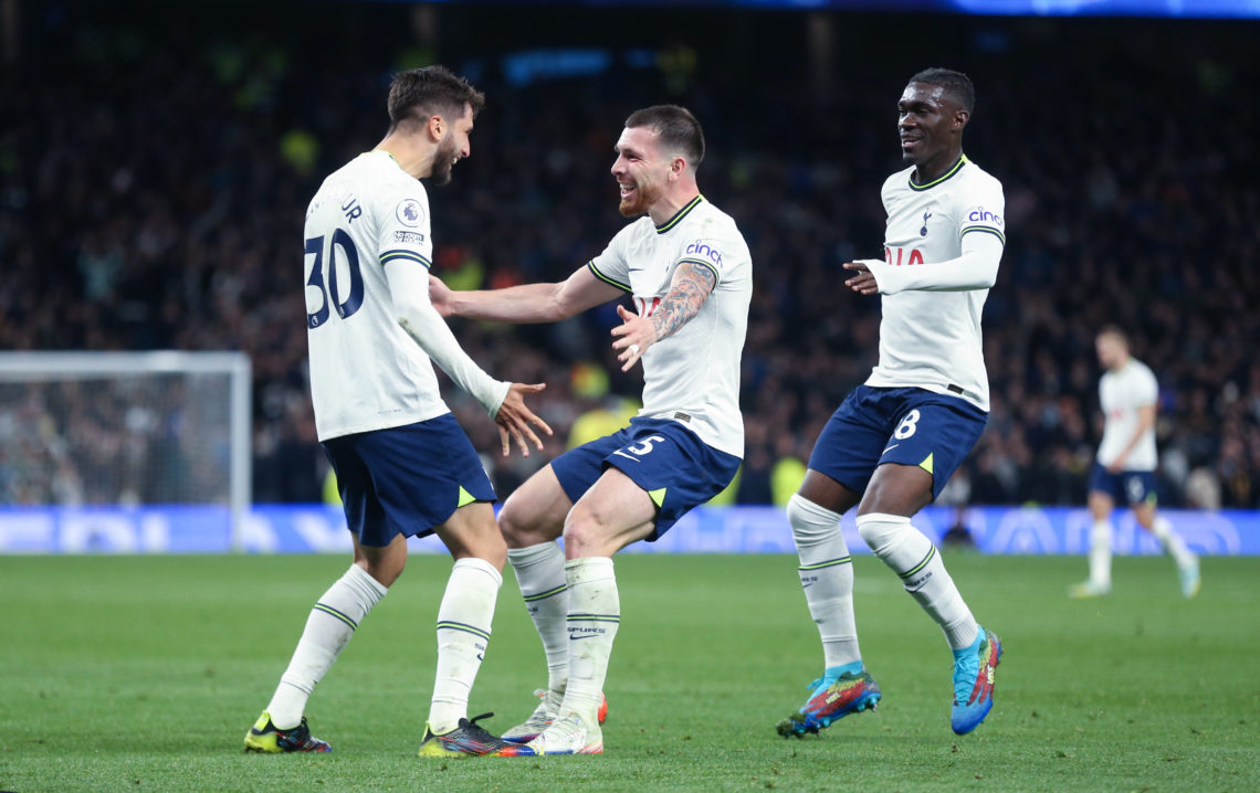 Tottenham Hotspur's Pierre-Emile Hojbjerg celebrates scoring his side's second goal with Rodrigo Bentancur during the Premier League match between ...