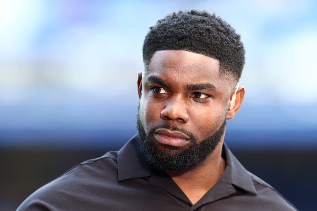 Micah Richards looks on prior to the Premier League match between Everton FC and AFC Bournemouth at Goodison Park on May 28, 2023 in Liverpool, Uni...