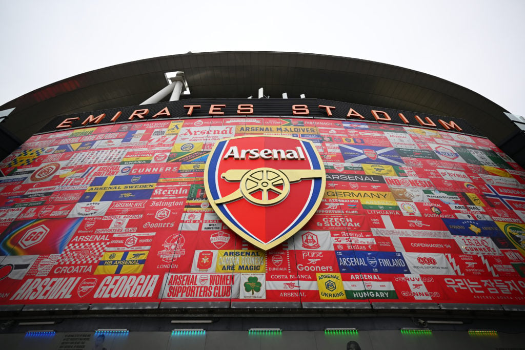 A general view of the We All Follow The Arsenal stadium wrap around prior to the Premier League match between Arsenal FC and Brentford FC at Emirat...