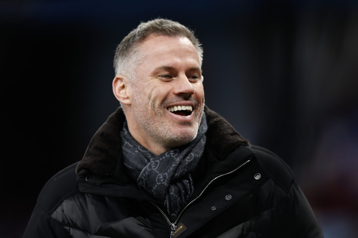 TV pundit Jamie Carragher working for Sky Sports during the Premier League match between Aston Villa and Sheffield United at Villa Park on December...