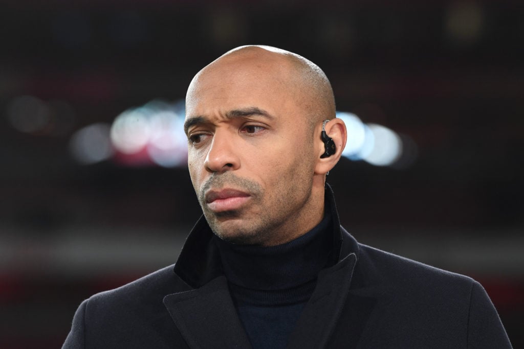 Former Footballer Thierry Henry looks on as he presents on Amazon Prime Video prior to the Premier League match between Arsenal FC and West Ham Uni...