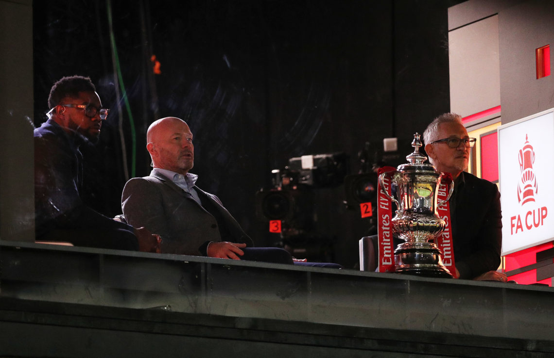 (L-R) Former English footballers and current television pundits, Micah Richards, Alan Shearer and Gary Lineker, watch on from the makeshift BBC stu...