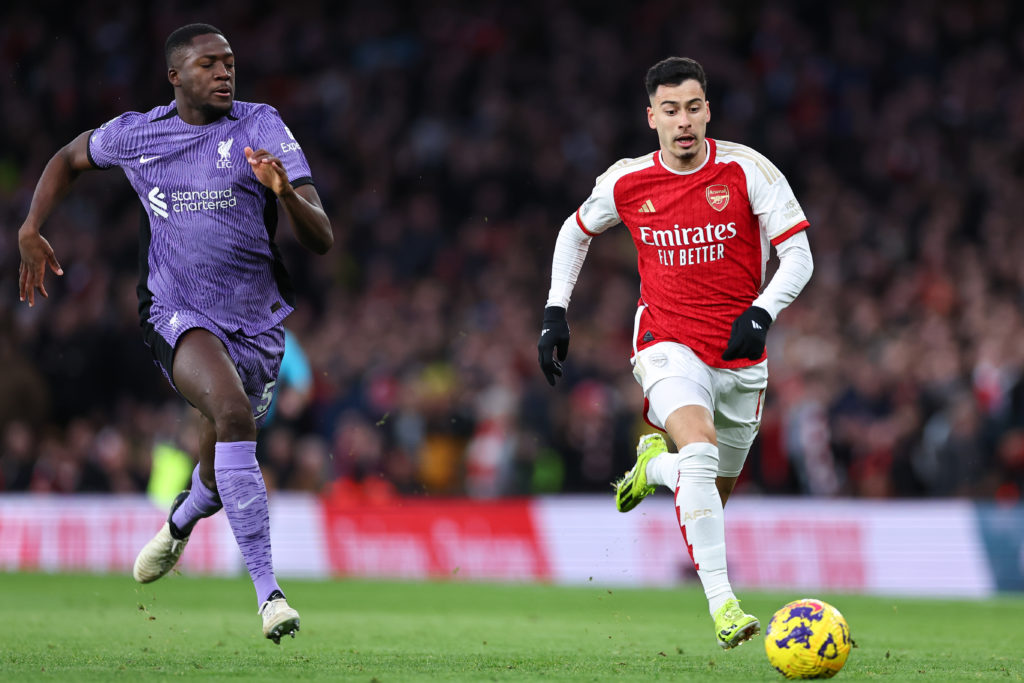 Gabriel Martinelli of Arsenal during the Premier League match between Arsenal FC and Liverpool FC at Emirates Stadium on February 4, 2024 in London...