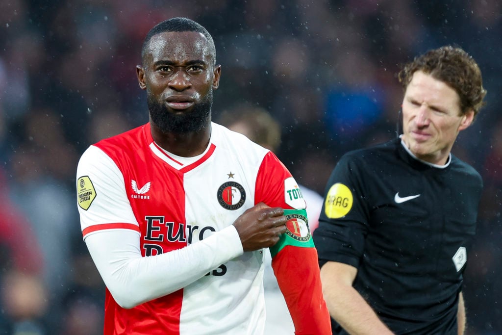 Lutsharel Geertruida of Feyenoord Rotterdam looks on during the Dutch Eredivisie match between Feyenoord and RKC Waalwijk at Feyenoord Stadium on F...