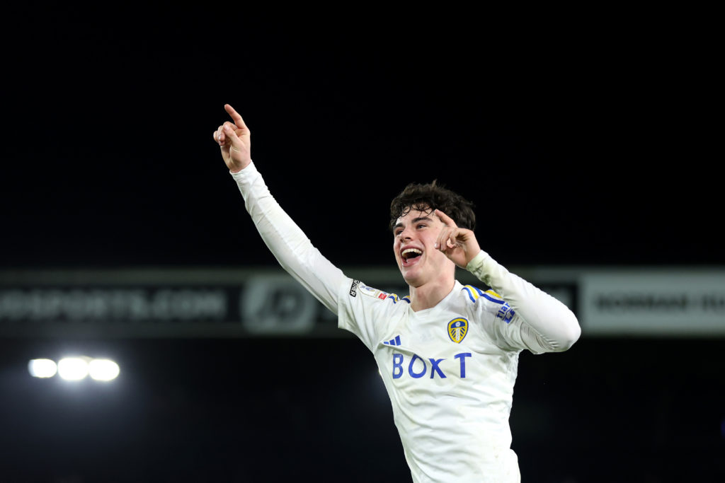 Archie Gray of Leeds United celebrates victory following the Sky Bet Championship match between Leeds United and Leicester City at Elland Road on F...