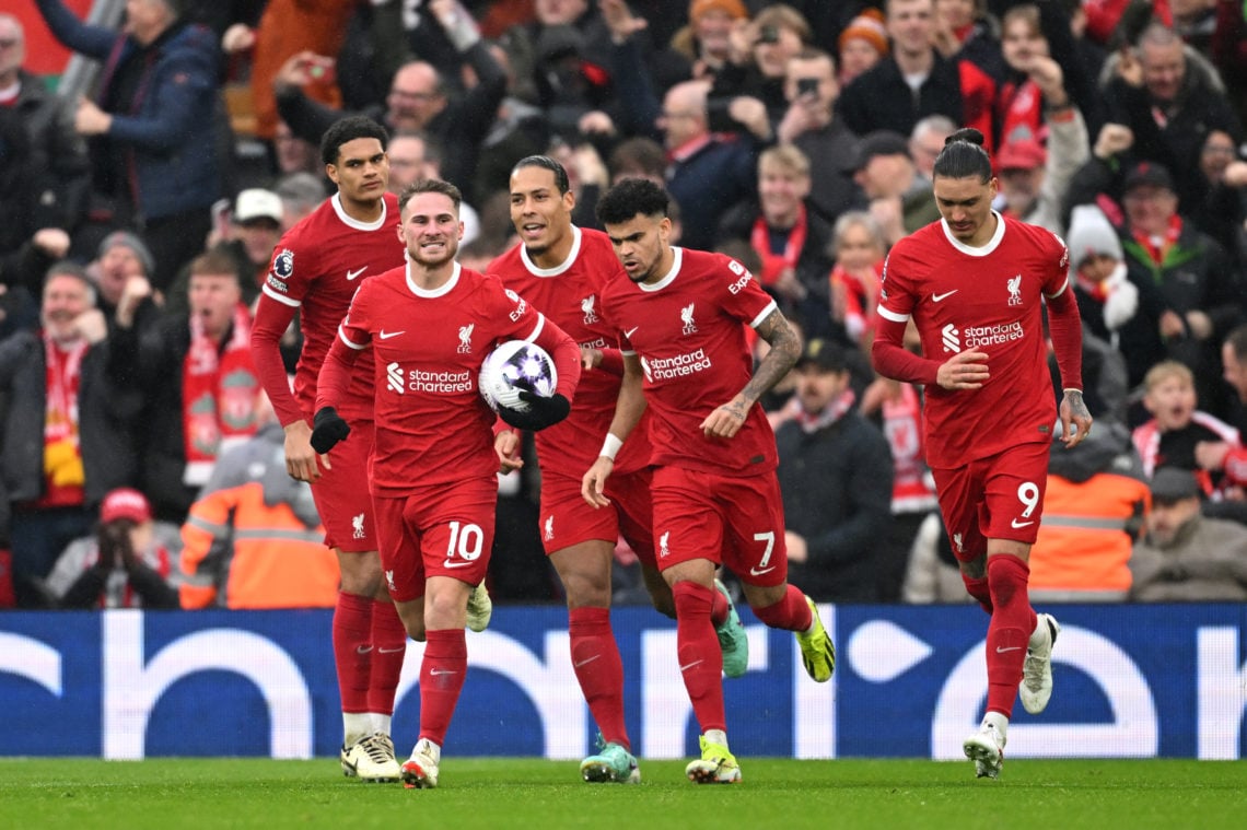 Alexis Mac Allister of Liverpool celebrates scoring his team's first goal from a penalty kick with teammates Virgil van Dijk and Luis Diaz during t...
