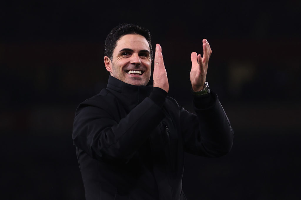 Mikel Arteta, Manager of Arsenal, applauds the fans after victory in the penalty shoot out at full-time following the UEFA Champions League 2023/24...