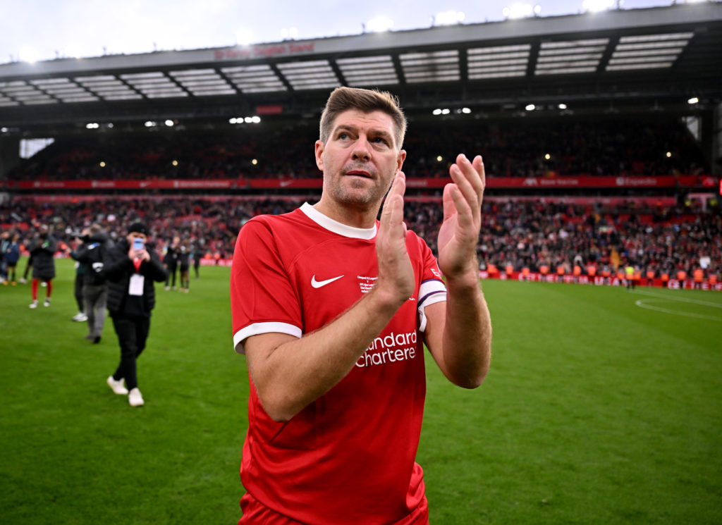 (THE SUN OUT, THE SUN ON SUNDAY OUT) Steven Gerrard showing his appreciation to the fans at the end of the LFC Foundation charity match between Liv...
