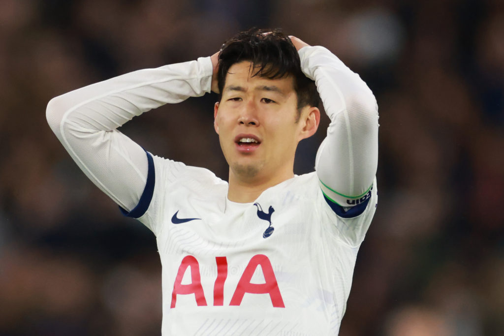 Son Heung-min of Tottenham Hotspur looks dejected during the Premier League match between West Ham United and Tottenham Hotspur at London Stadium o...