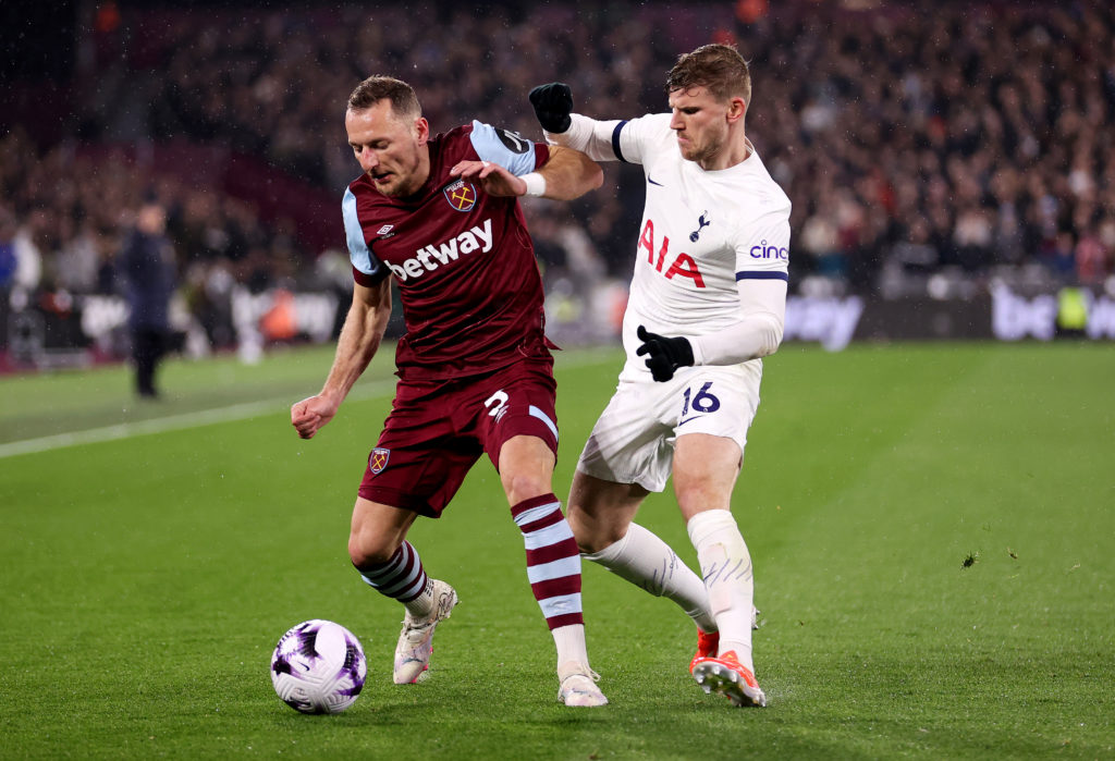 Vladimir Coufal of West Ham United is challenged by Timo Werner of Tottenham Hotspur during the Premier League match between West Ham United and To...
