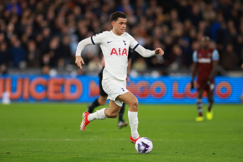 Brennan Johnson of Tottenham Hotspur during the Premier League match between West Ham United and Tottenham Hotspur at London Stadium on April 02, 2...