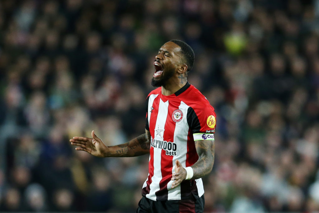 Ivan Toney of Brentford reacts after missing the free kick during the Premier League match between Brentford FC and Brighton & Hove Albion at G...