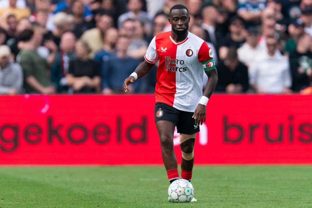 Lutsharel Geertruida of Feyenoord in action during the Dutch Eredivisie match between Feyenoord and Ajax at Stadion Feijenoord on April 7, 2024 in ...