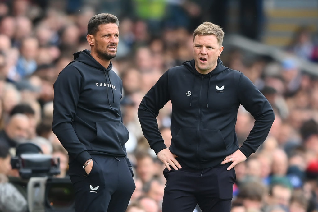 Eddie Howe (R), Manager of Newcastle United, and Jason Tindall, Assistant Manager of Newcastle United react during the Premier League match between...