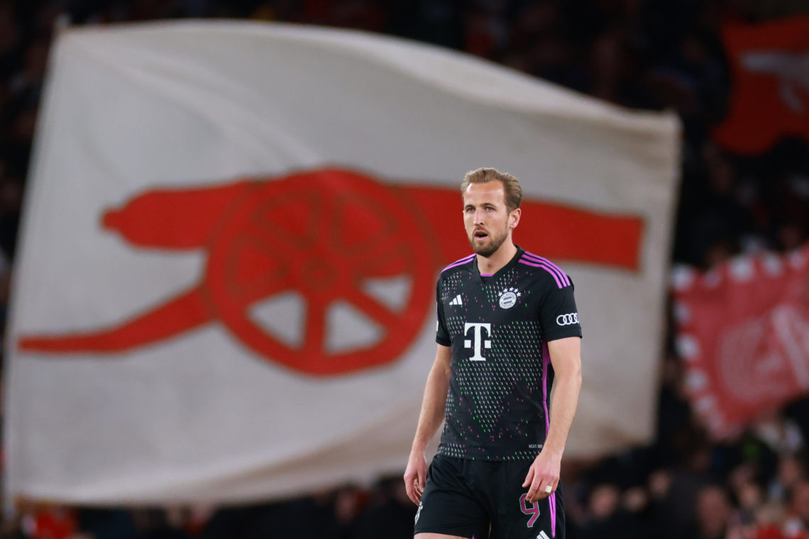 Harry Kane of Bayern Munich reacts after Arsenal scores the opening goal during the UEFA Champions League quarter-final first leg match between Ars...