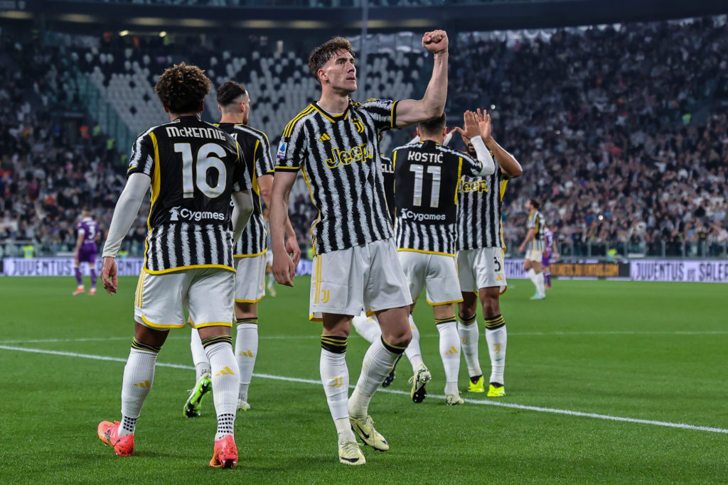 Dusan Vlahovic of Juventus FC celebrates before his goal was