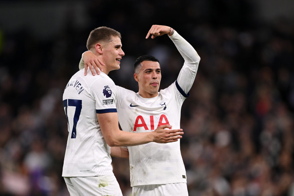 Micky van de Ven (L) and Pedro Porro of Tottenham Hotspur celebrate following the team's victory in the Premier League match between Tottenham Hots...