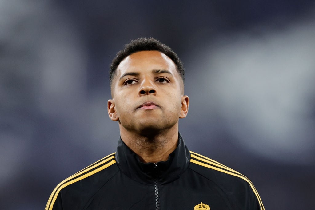 Rodrygo Goes of Real Madrid CF looks on prior to the UEFA Champions League quarter-final first leg match between Real Madrid CF and Manchester City...