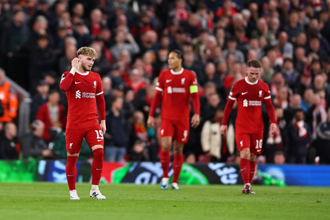 A dejected Harvey Elliott of Liverpool during the UEFA Europa League 2023/24 Quarter-Final first leg match between Liverpool FC and Atalanta at Anf...