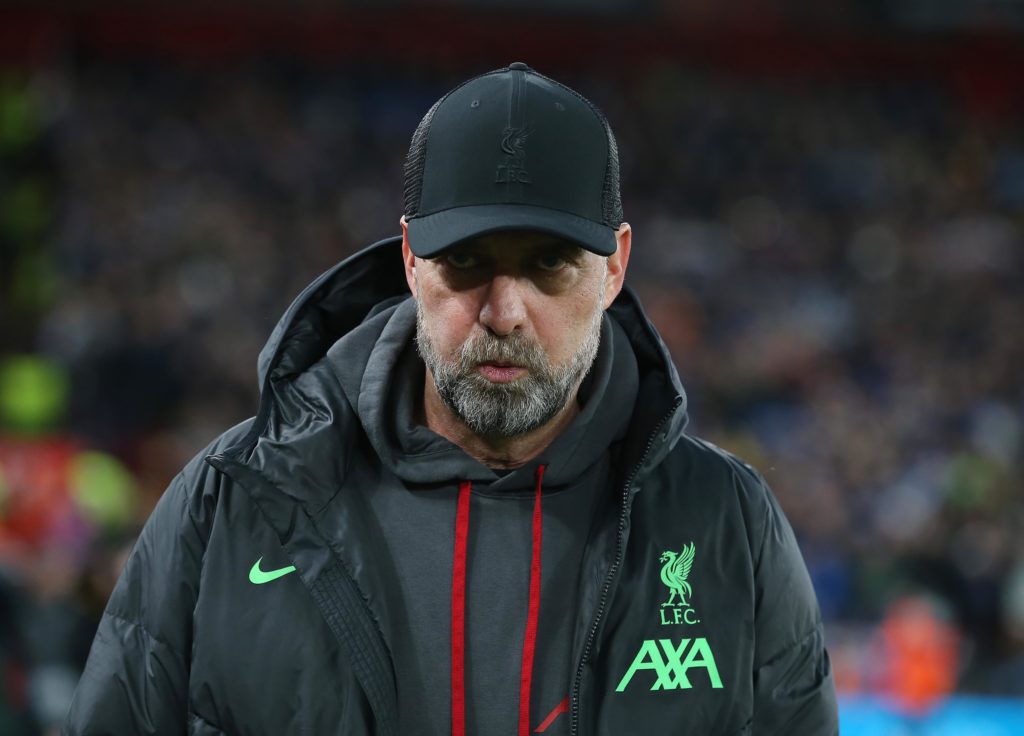 Jurgen Klopp Manager of Liverpool looks worried during the UEFA Europa League 2023/24 Quarter-Final first leg match between Liverpool FC and Atalan...