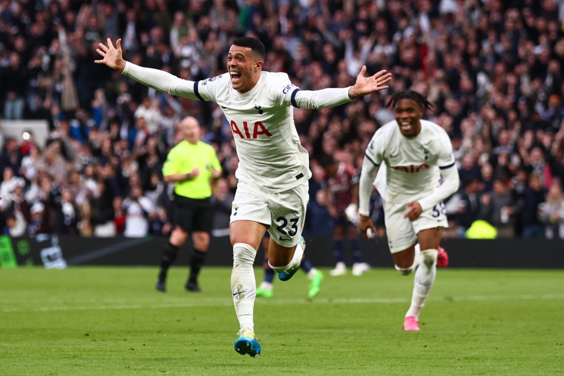Pedro Porro of Tottenham Hotspur celebrates his goal with Son Heung-min and Destiny Udogie during the Premier League match between Tottenham Hotspu...