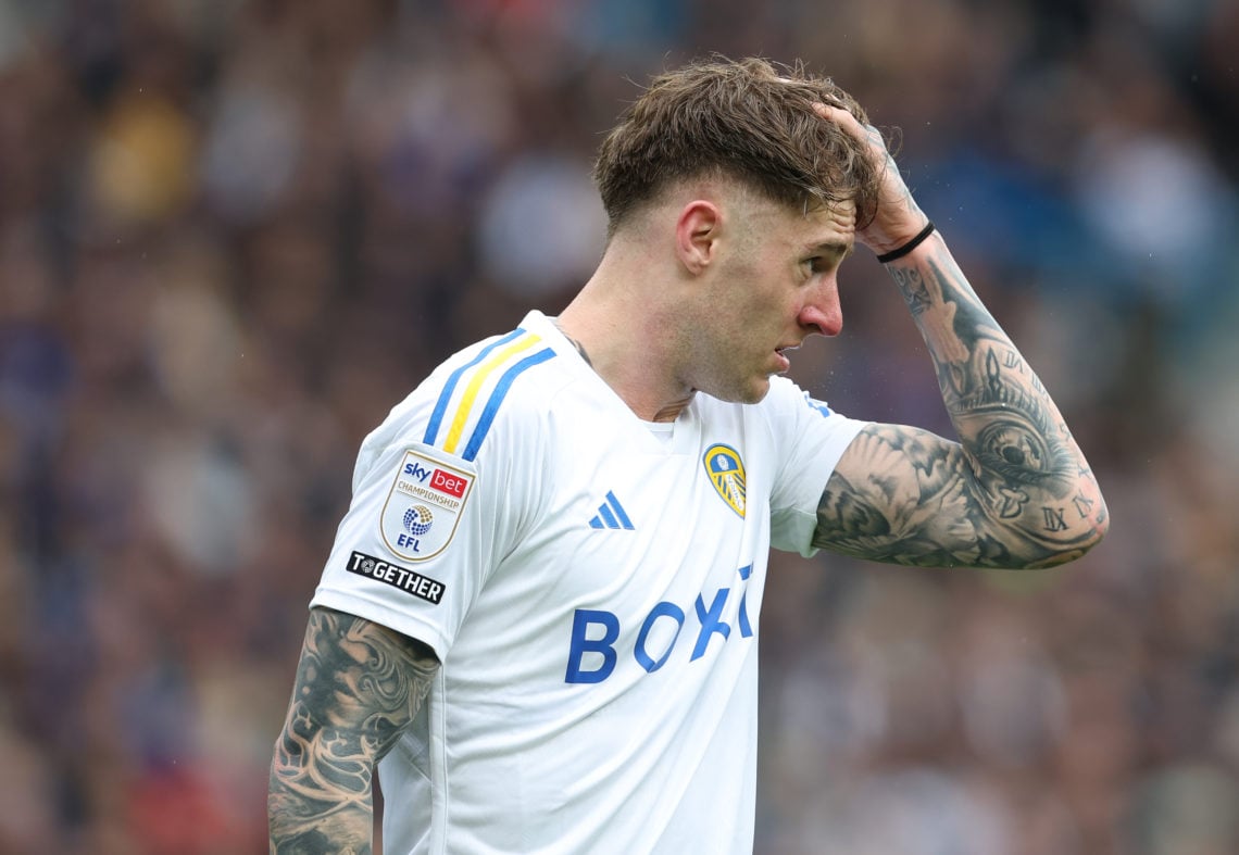 Joe Rodon of Leeds United reacts during the Sky Bet Championship match between Leeds United and Blackburn Rovers at Elland Road on April 13, 2024 i...