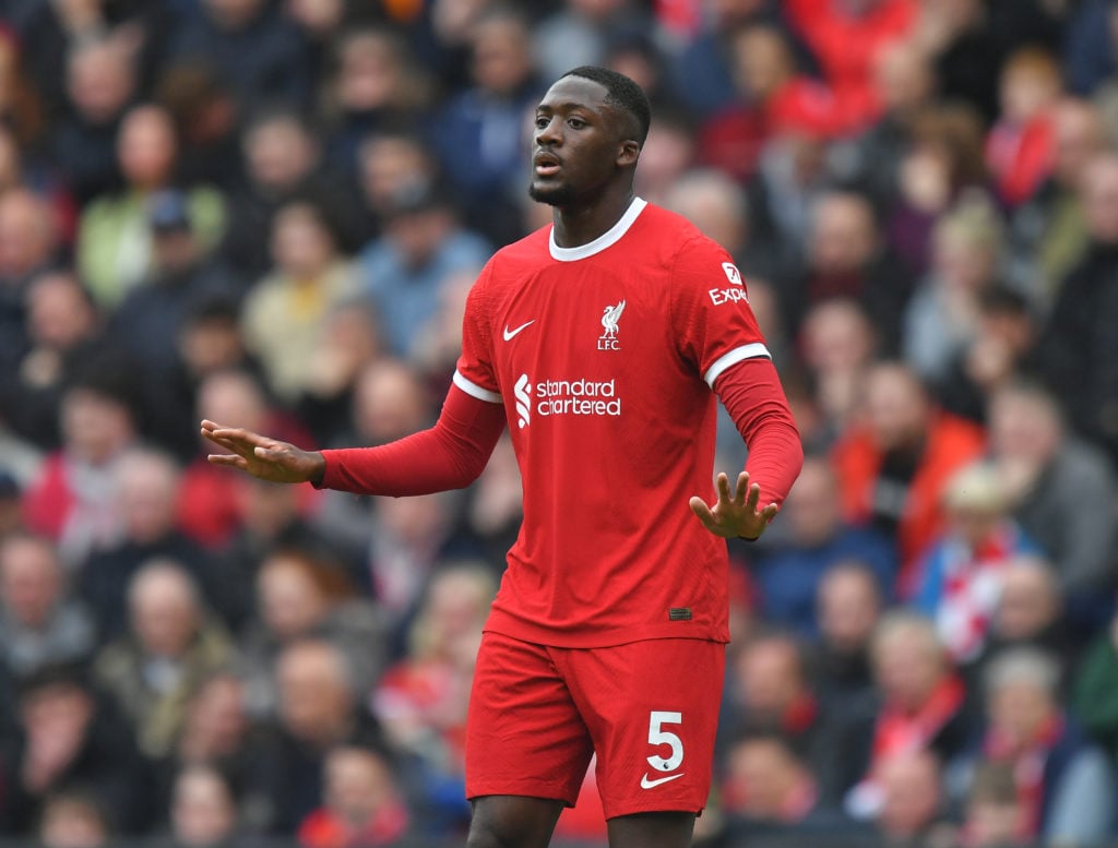 Liverpool's Ibrahima Konate during the Premier League match between Liverpool FC and Crystal Palace at Anfield on April 14, 2024 in Liverpool, Engl...