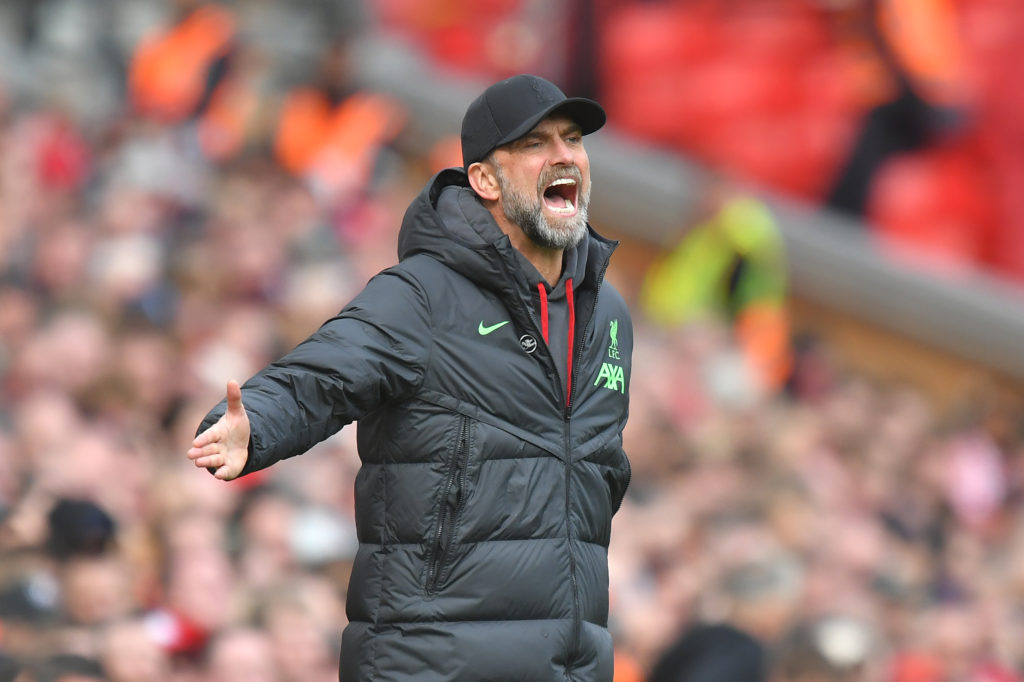 Liverpool's Manager Jurgen Klopp during the Premier League match between Liverpool FC and Crystal Palace at Anfield on April 14, 2024 in Liverpool,...
