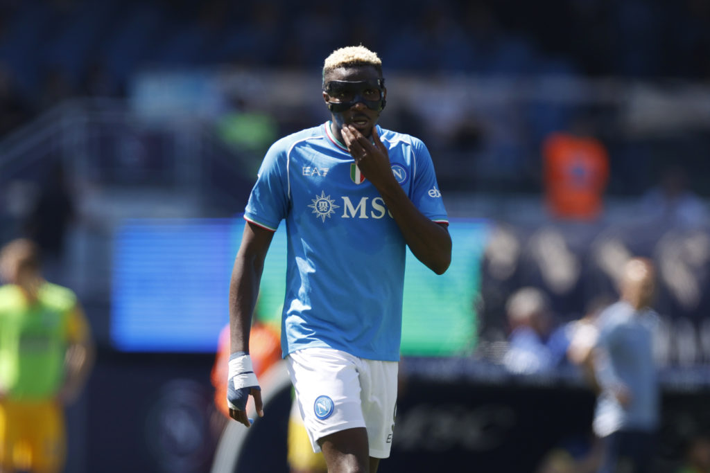 Victor Osimhen of SSC Napoli looks dejected during the Serie A TIM match between SSC Napoli and Frosinone Calcio at Stadio Diego Armando Maradona o...