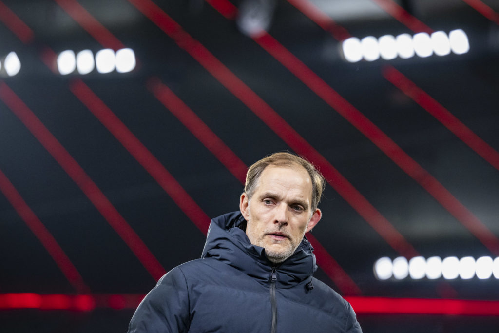 Head Coach Thomas Tuchel of FC Bayern Muenchen looks on after the UEFA Champions League quarter-final second leg match between FC Bayern München an...
