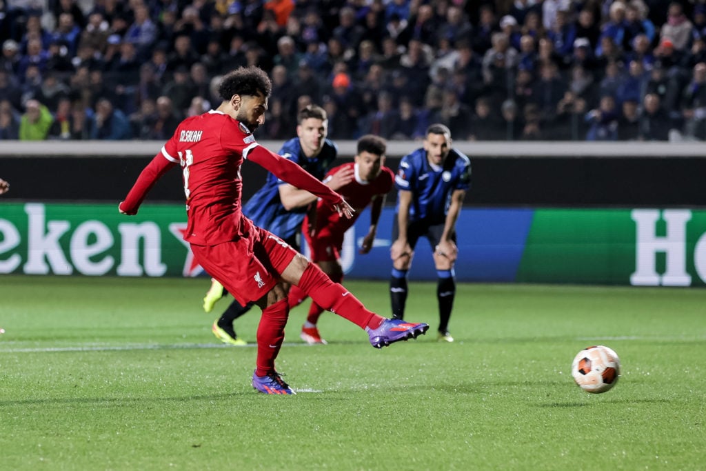 Mohamed Salah (Liverpool F.C.) scores during the Europa League football match between Atalanta and Liverpool at Gewiss Stadium on April 18, 2024 in...