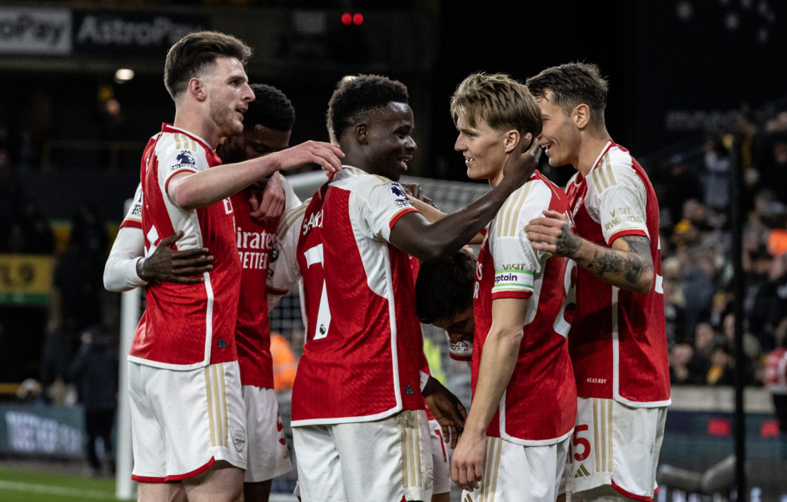 Arsenal's goal scorer Martin Odegaard (2nd right) is congratulated by team mates Declan Rice (left) , Bukayo Saka (2nd left) and Jakub Kiwior (righ...